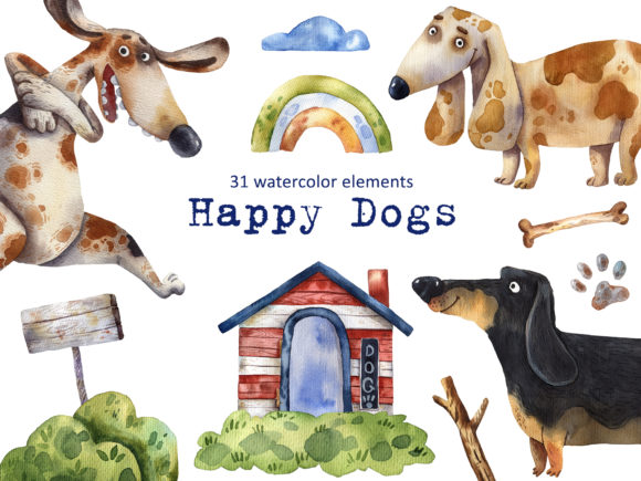 Download Happy Dogs - Watercolor Clip Art Set - Watercolor clip art Collection